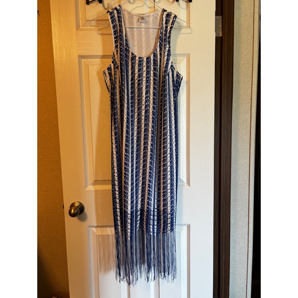 K.Jordan Blue White Striped Crochet Fringe Midi Dress XL Sleeveless Racerback